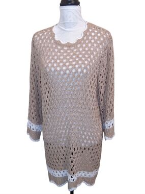 NWT MUDPIE Taupe Women's Open Weave Crochet  Oversized Sweater Long